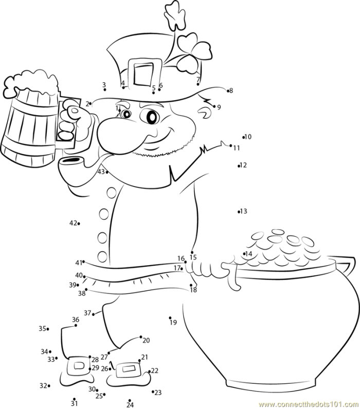 St. Patrick's Day dot-to-dot worksheet for first graders featuring numbers 1 to 77
