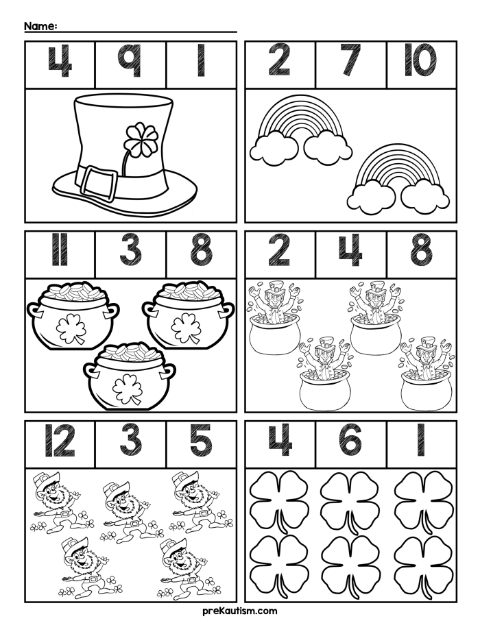Children's St. Patrick's Day math worksheet featuring pots filled with gold coins for counting practice