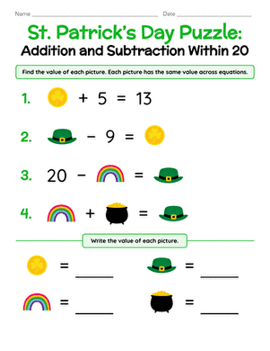 First grade St. Patrick's Day math worksheet featuring addition and subtraction problems within 10