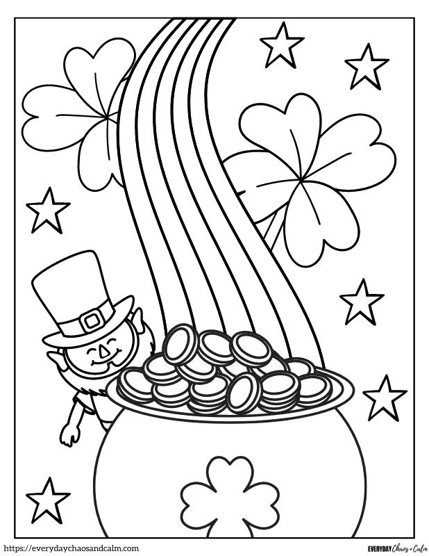 Children's St. Patrick's Day math worksheet featuring pots of gold for counting coins. Fun activity for kindergarten students to practice exponents and roots.