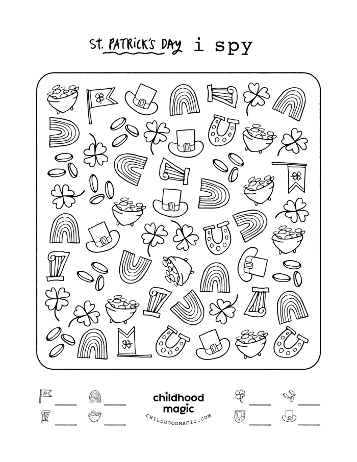 Children's St. Patrick's Day math worksheet featuring pots filled with gold coins to draw