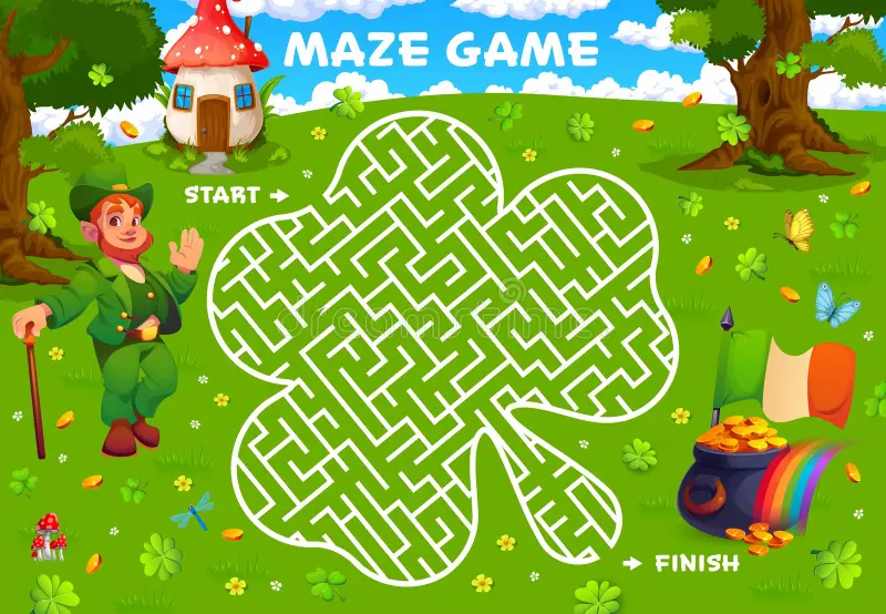 Colorful St. Patrick's Day Rainbow Maze worksheet for kindergarten kids to practice counting. Engaging maze activity for young learners to enjoy while celebrating St. Patrick's Day.