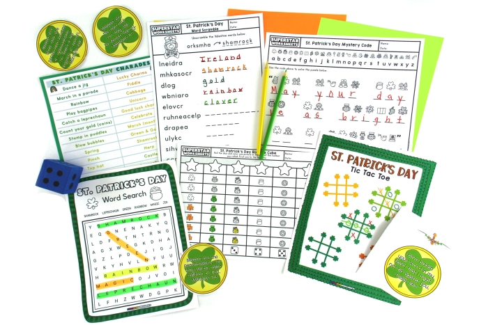 First graders enjoy a St. Patrick's Day maze puzzle with Irish flag coloring and jokes on worksheet 18