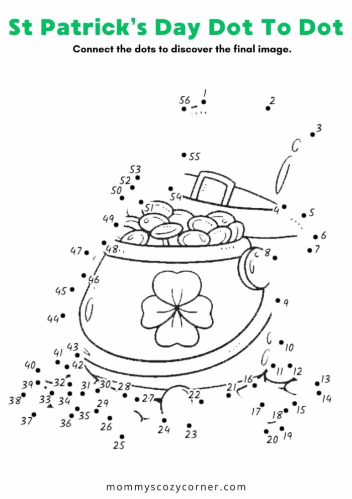 Fun addition activity for kids to celebrate St. Patrick's Day by connecting dots to reveal a festive image St. Patrick's Day connect the dots worksheet for kindergarten students focusing on numbers 1 to 67