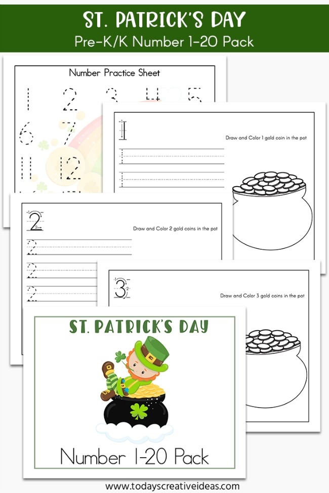 Pre-K St. Patrick's themed worksheet for practicing number writing skills and number recognition St. Patrick's Day number tracing activity for preschool children learning to write numbers and recognize numerals