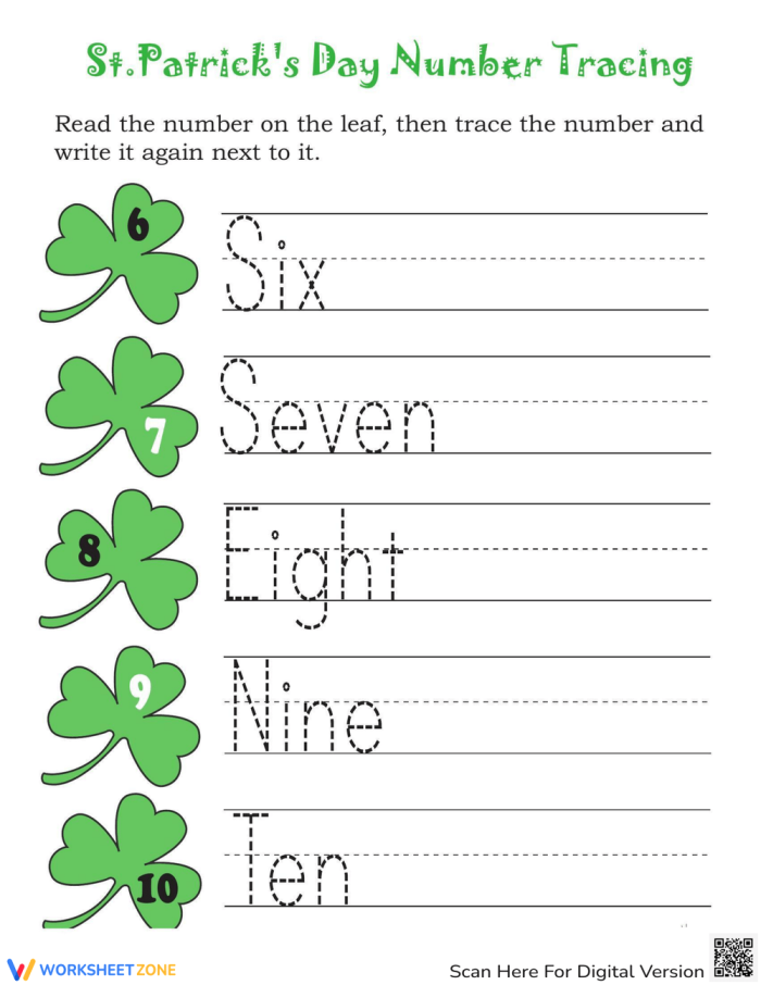 Colorful St. Patrick's Day worksheet featuring number tracing for preschoolers