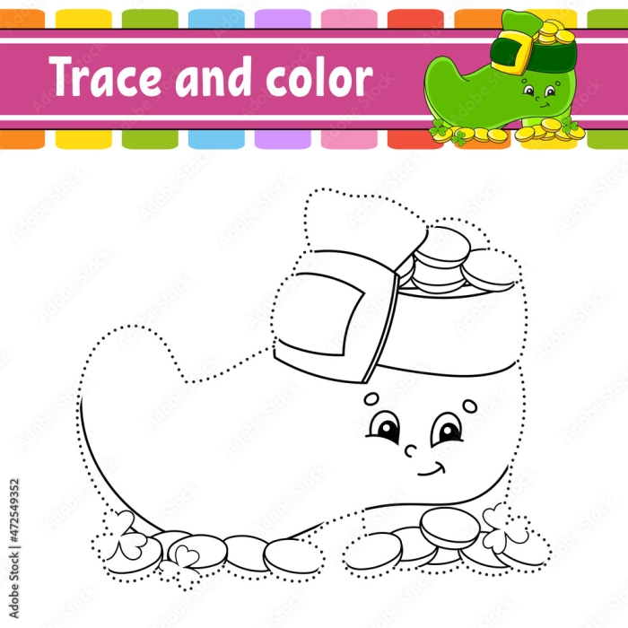 Colorful St. Patrick's Day worksheet featuring number tracing activities for preschoolers
