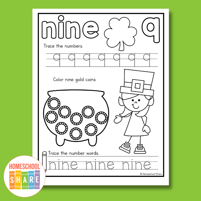 Colorful worksheet for tracing numbers themed around St. Patrick's Day for preschoolers