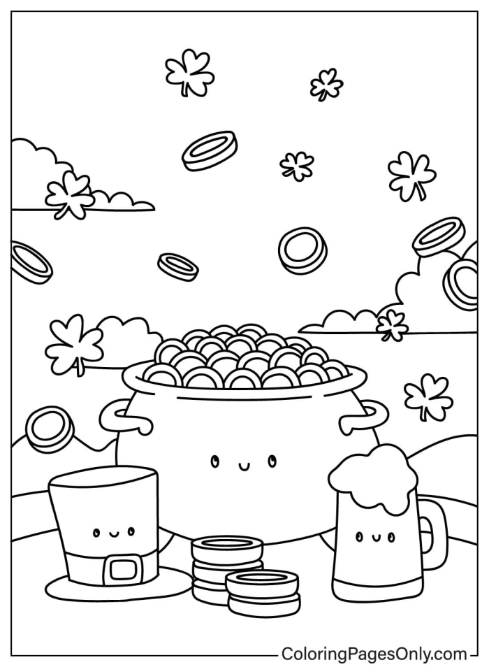 Kindergarten student coloring a festive pot of gold worksheet for St. Patrick's Day