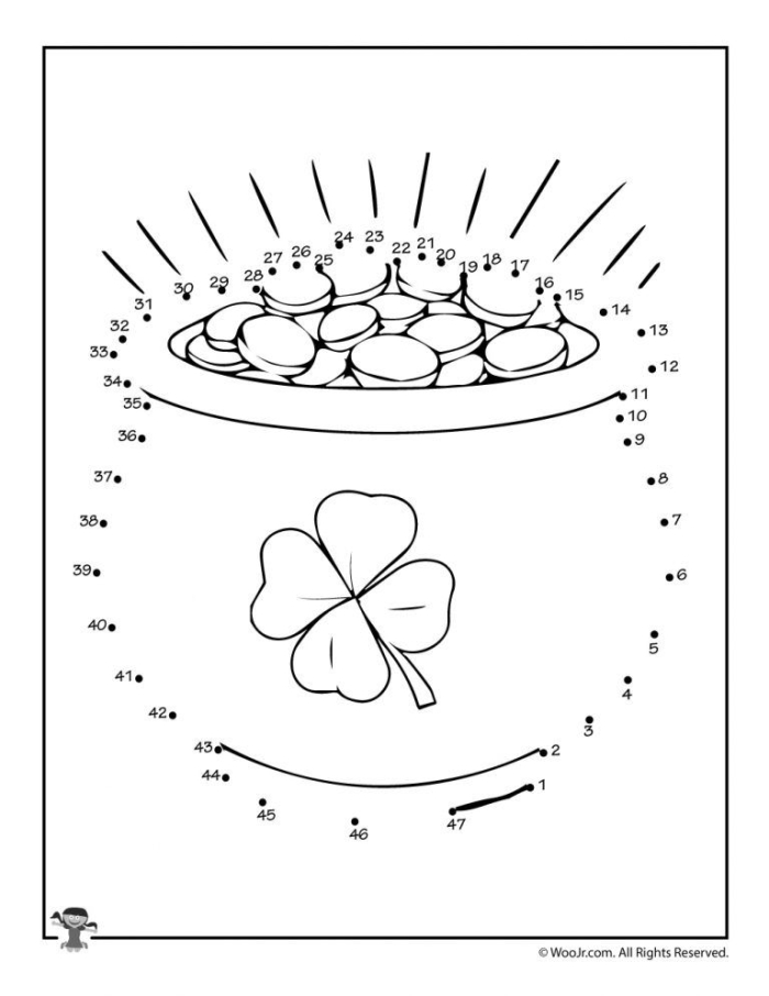 First grade math student connecting dots in numerical order to reveal a St. Patrick's Day rainbow and pot of gold pattern