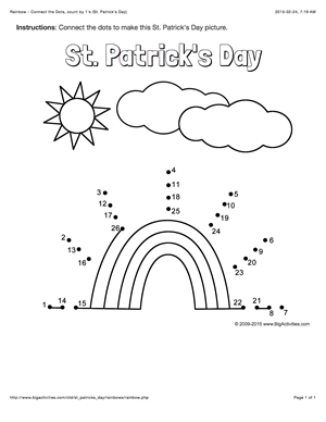 First grade students connect the dots on a St. Patricks Day rainbow to reveal a hidden pot of gold in this algebra worksheet 4.