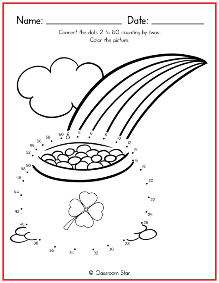 First grade math worksheet featuring a St. Patrick's Day rainbow dot-to-dot puzzle leading to a pot of gold