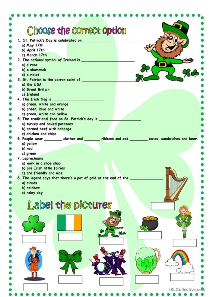 Third grade reading worksheet featuring fun facts about St. Patrick's Day traditions