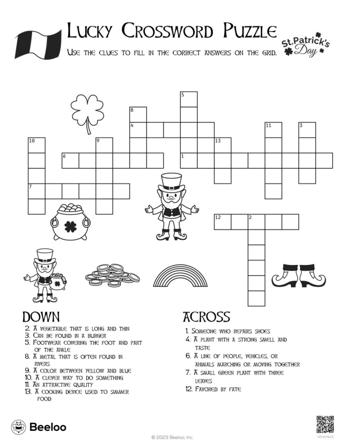 St. Patrick's Day Crossword Activity 24 for Elementary Grammar Practice Second grade students solving a St. Patrick's Day themed crossword puzzle with green holiday graphics and vocabulary words