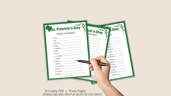 Third grade students unscrambling ten holiday themed words on a St. Patrick's Day word scramble worksheet