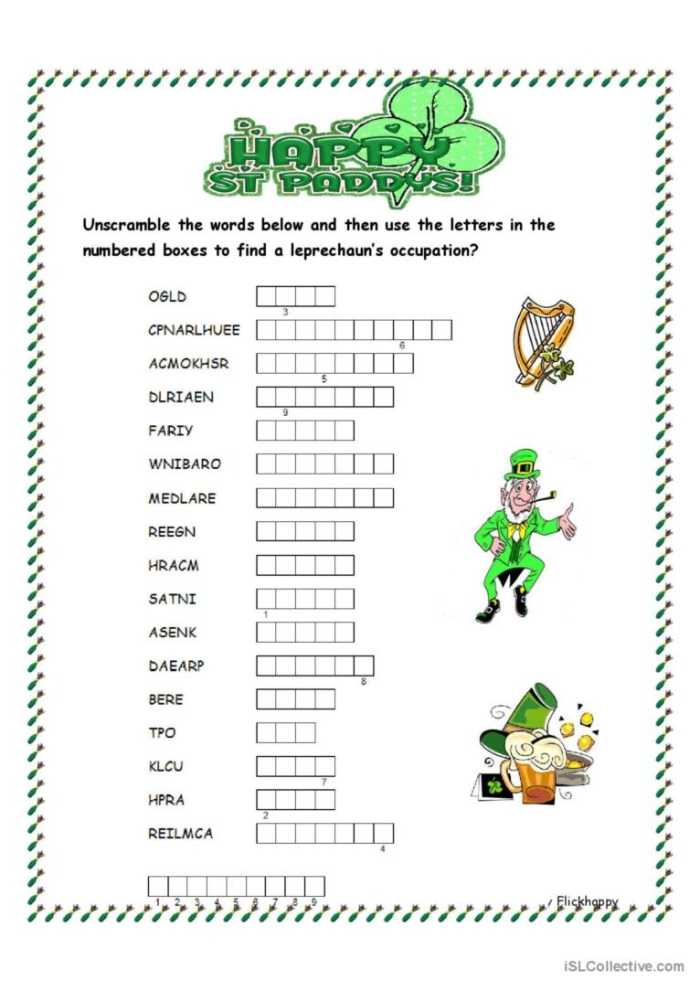 Third grade St. Patrick's Day word scramble worksheet featuring ten holiday terms for students to solve