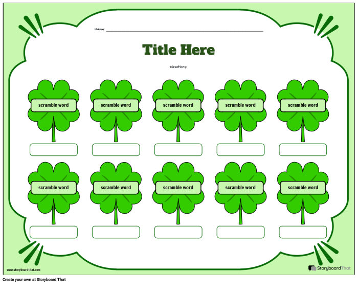 St. Patrick's Day Word Scramble worksheet featuring a fun puzzle for third graders