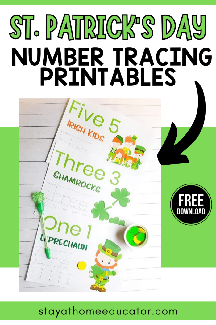 St. Patrick Day Number Tracing Worksheet for Early Learners 12 Pre-K worksheet page featuring festive St. Patrick Day themed numbers for children to trace