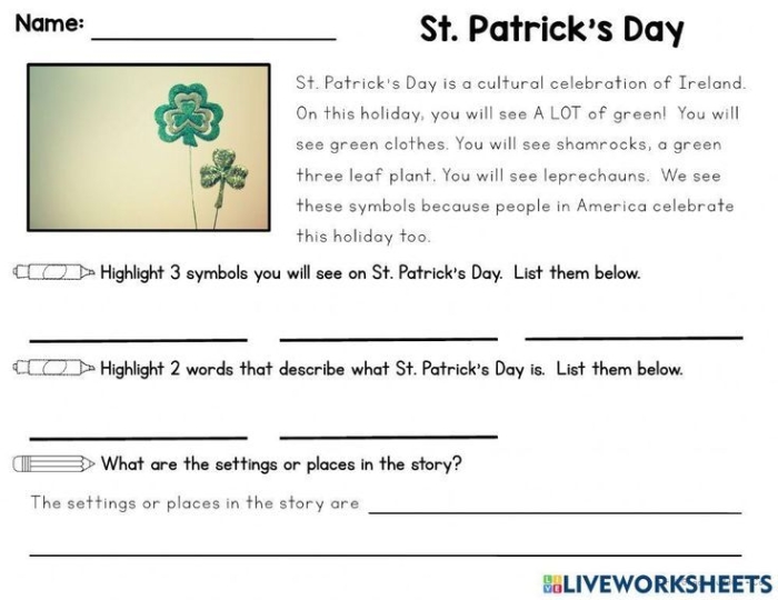 Worksheet featuring St. Patrick's Day traditions for third graders to explore Irish heritage. Educational resource for teaching kids about the fun aspects of this special holiday.