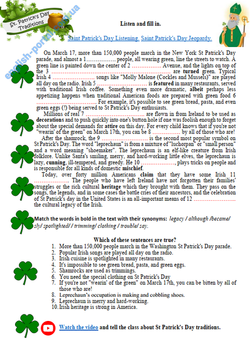 Worksheet featuring St. Patrick's Day traditions for third graders