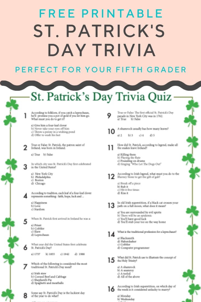 Fifth grade students answering St. Patrick's Day trivia questions on a reading worksheet