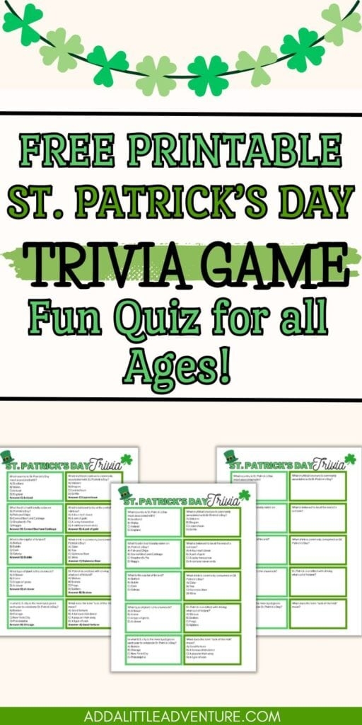 A fifth grade student working on a festive St. Patrick's Day trivia worksheet with holiday themed graphics