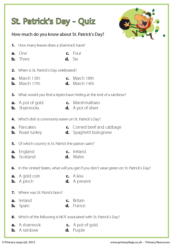 Fifth grade student completing a St. Patrick's Day trivia worksheet about Irish history and traditions