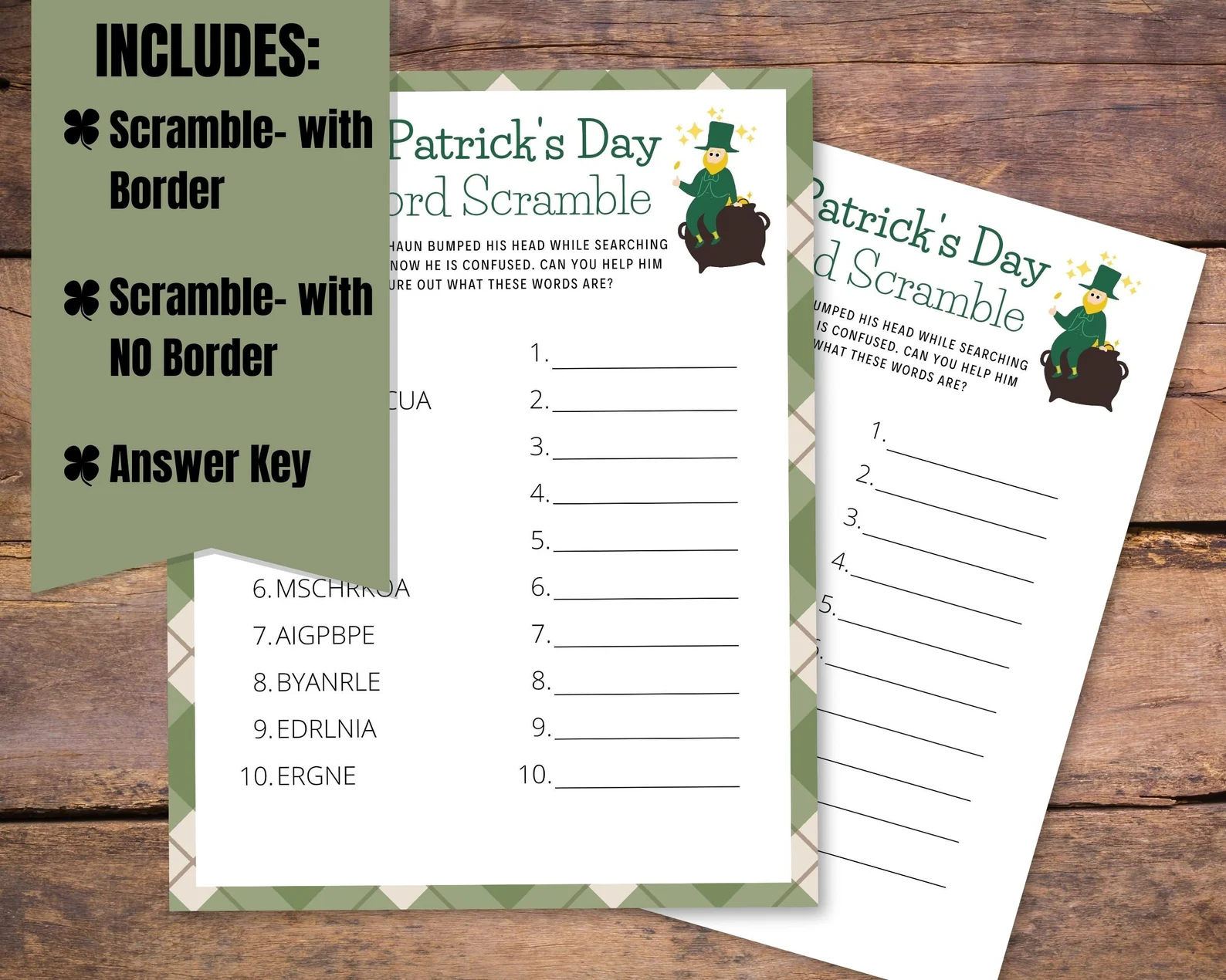 Third grade St. Patrick's Day word scramble worksheet featuring ten holiday terms for students to solve