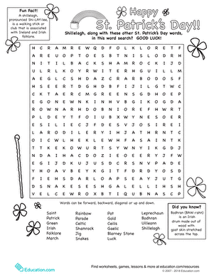 Third grade St. Patrick's Day word search worksheet featuring holiday vocabulary for classroom use