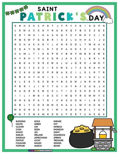 St. Patrick's Day Word Search worksheet designed for third graders to enhance vocabulary skills