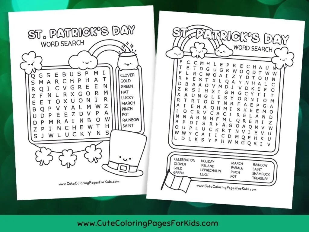 Third grade St. Patrick's Day word search puzzle worksheet featuring holiday vocabulary