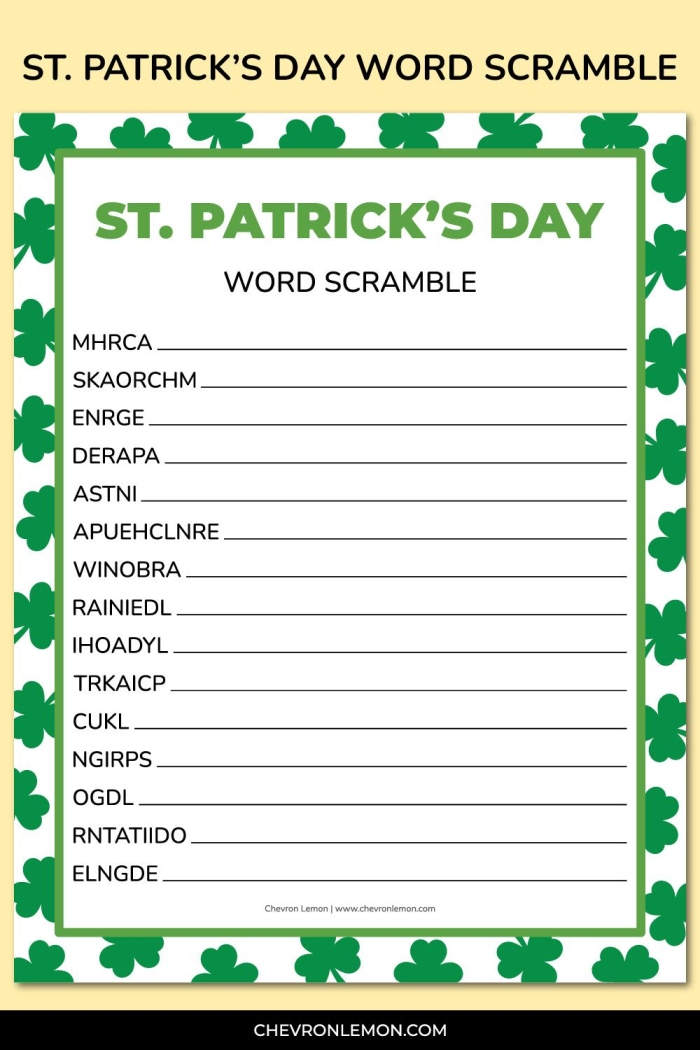 Third grade students practice literacy skills with a festive St. Patrick's Day themed word scramble worksheet puzzle