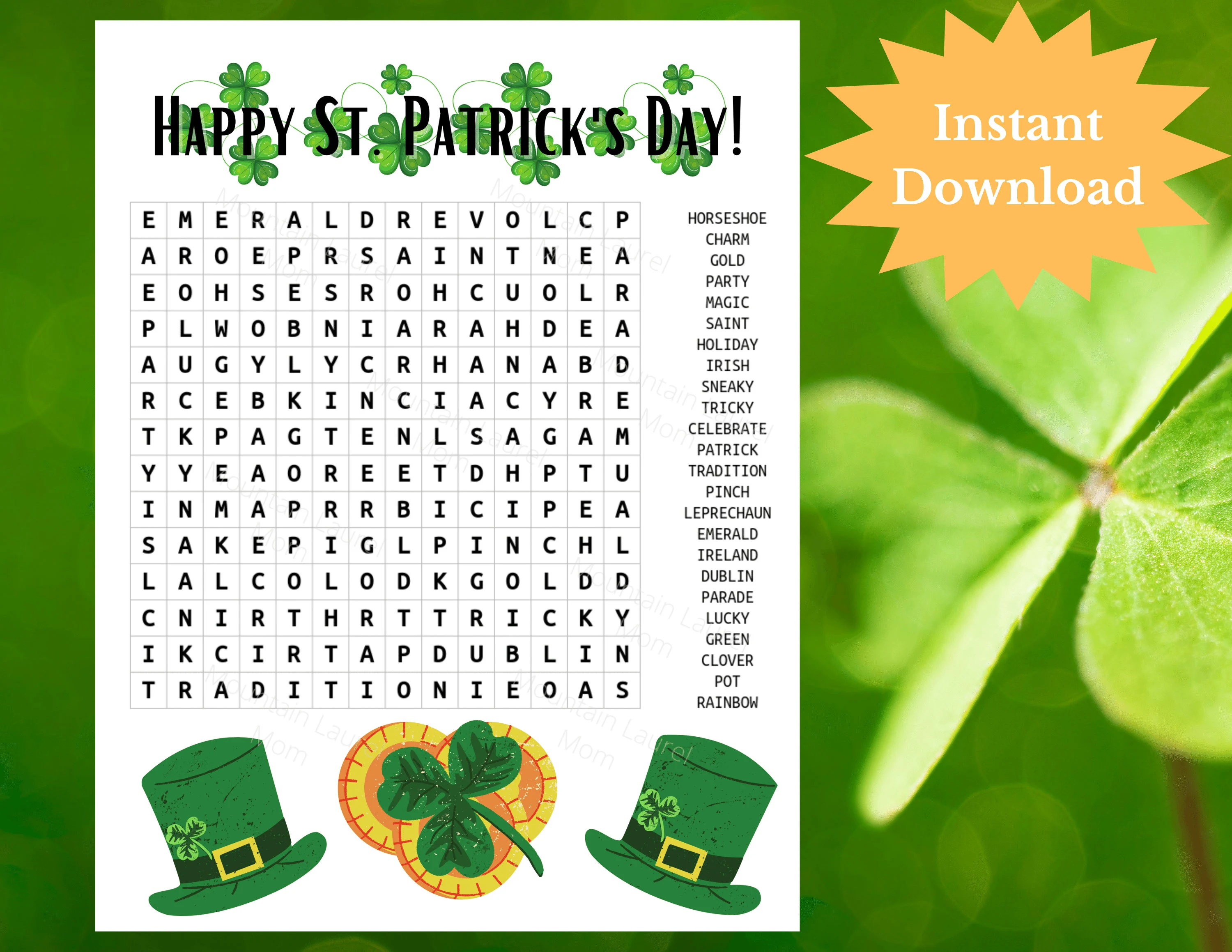 St. Patrick's Day Word Search worksheet for third graders featuring festive vocabulary