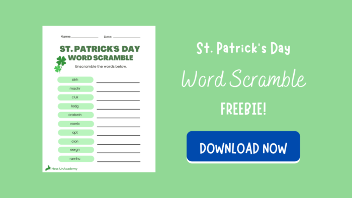 Third grade students solving a St. Patrick's Day word scramble puzzle worksheet