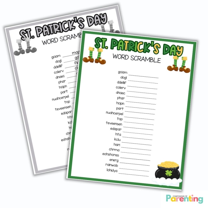 Third grade students solve a St. Patrick's Day themed word scramble puzzle to practice vocabulary