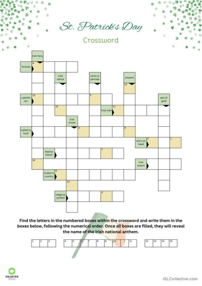 St Patrick's Day Crossword Activity for Elementary Grammar Practice Second grade students solve a St. Patrick's Day crossword puzzle with green holiday-themed clues and words
