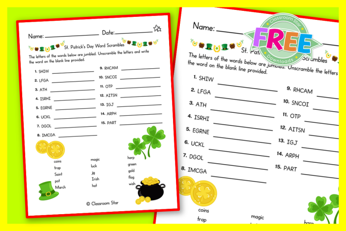 Third grade students completing a St. Patrick's Day word scramble worksheet with ten holiday terms
