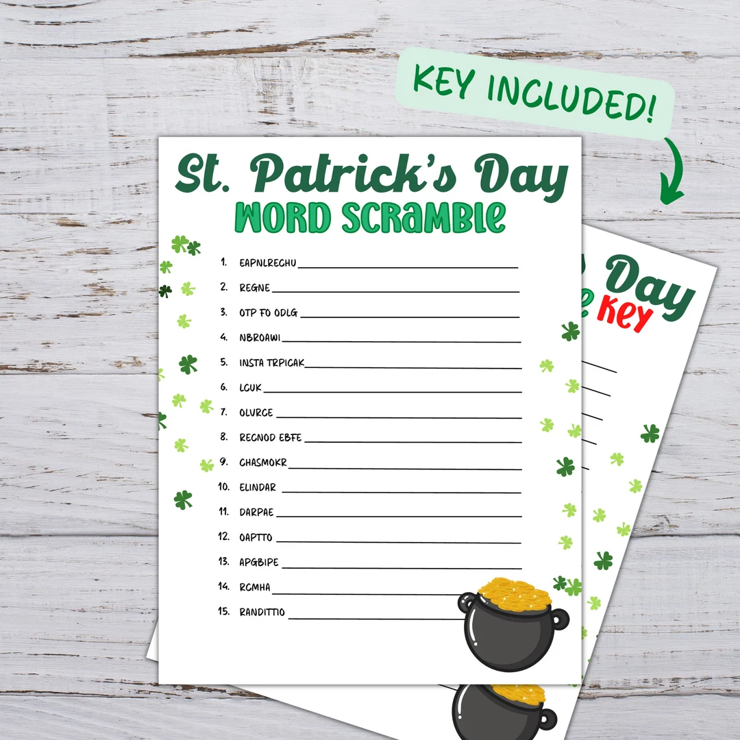 Third grade student completing a St. Patrick's Day word scramble worksheet with ten holiday terms