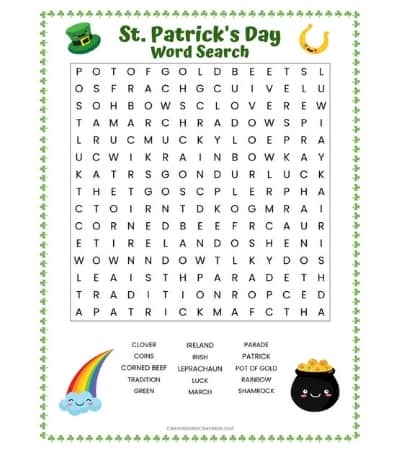 Third grade St. Patrick's Day word search worksheet featuring holiday vocabulary for lesson 19