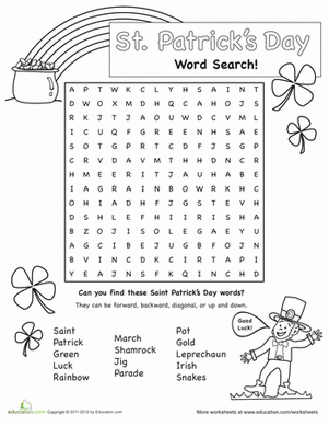 St. Patrick's Day Word Search worksheet for third graders to enhance vocabulary skills