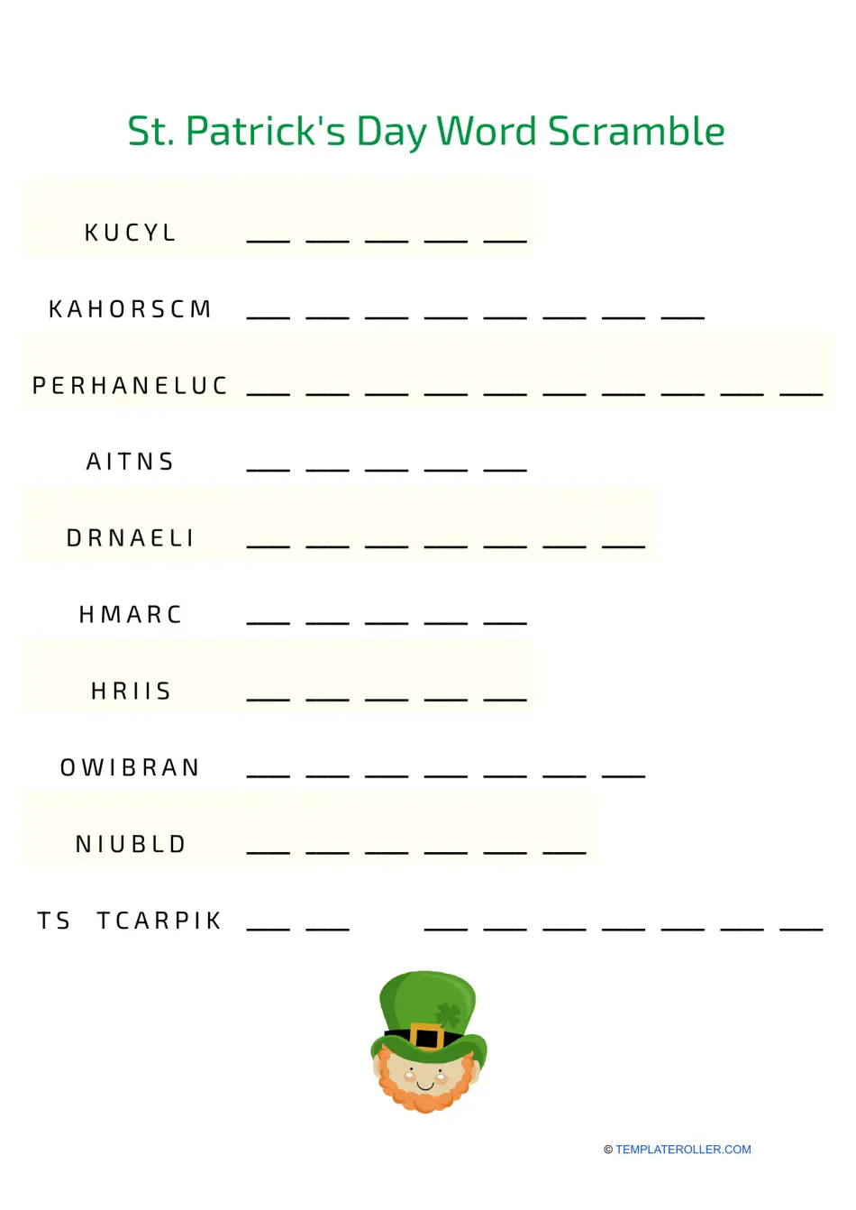St. Patrick's Day Word Scramble worksheet for third graders featuring ten festive vocabulary words