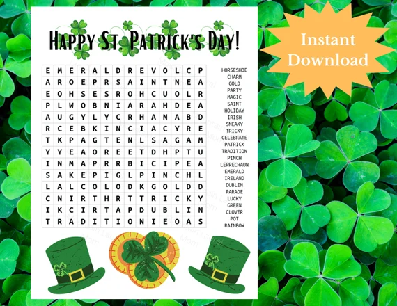 St. Patrick's Day themed word search worksheet for third graders to enhance vocabulary skills