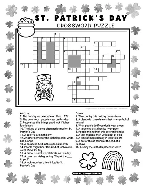 Second grade student completing a St. Patrick's Day crossword puzzle worksheet