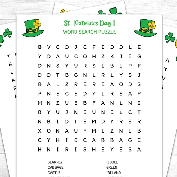 Third grade St. Patrick's Day word search worksheet featuring holiday vocabulary and festive illustrations