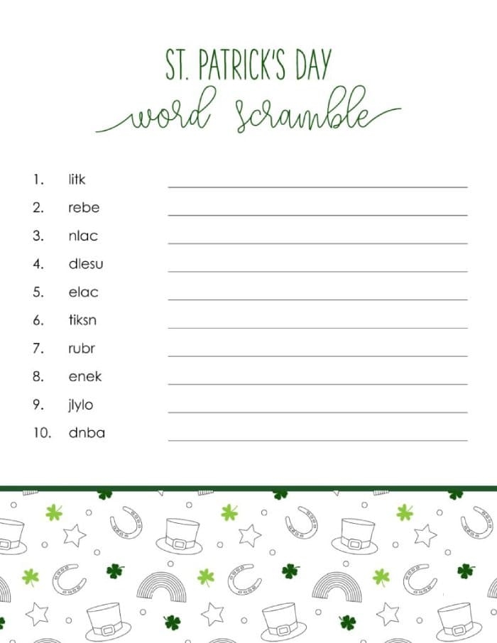 St. Patrick's Day Word Scramble worksheet featuring ten holiday-themed words for third grade students