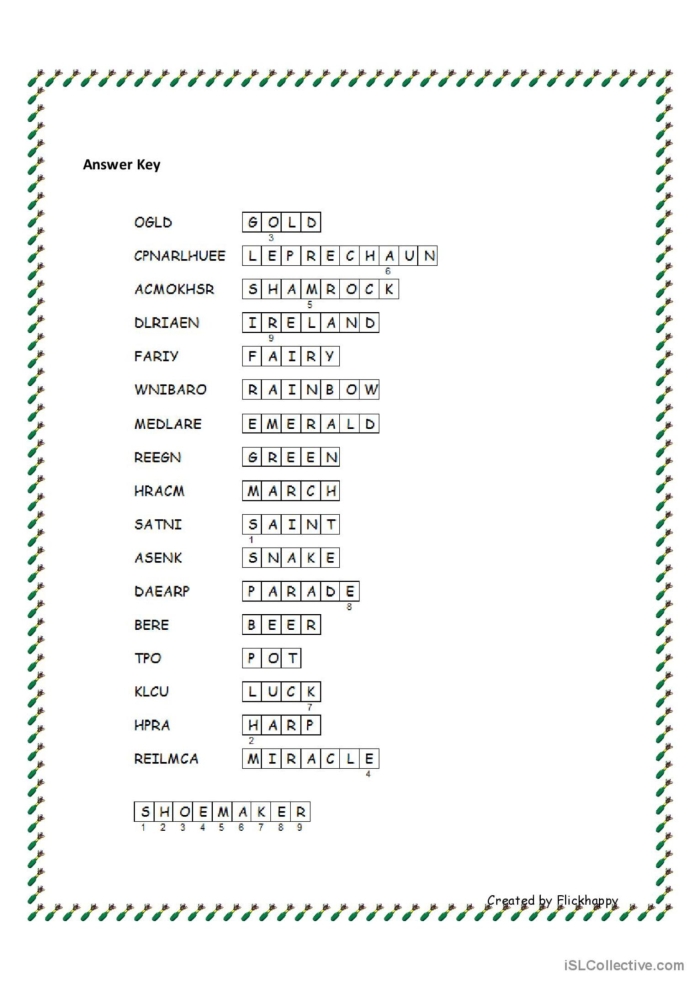 Third grade student solving a St. Patricks Day word scramble worksheet with ten holiday puzzles