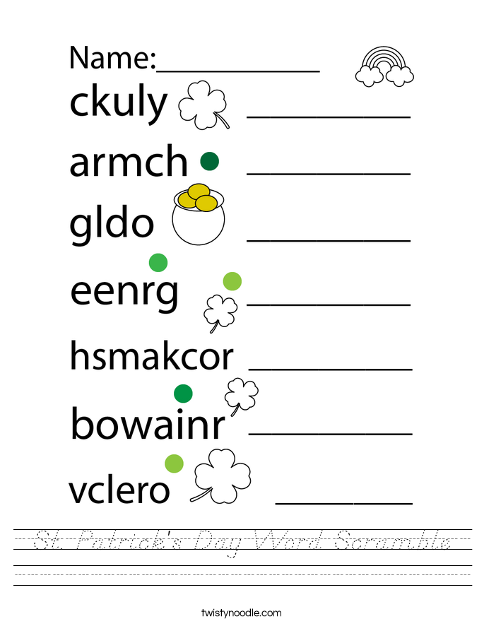 St. Patrick's Day Word Scramble worksheet for third graders featuring holiday-themed vocabulary