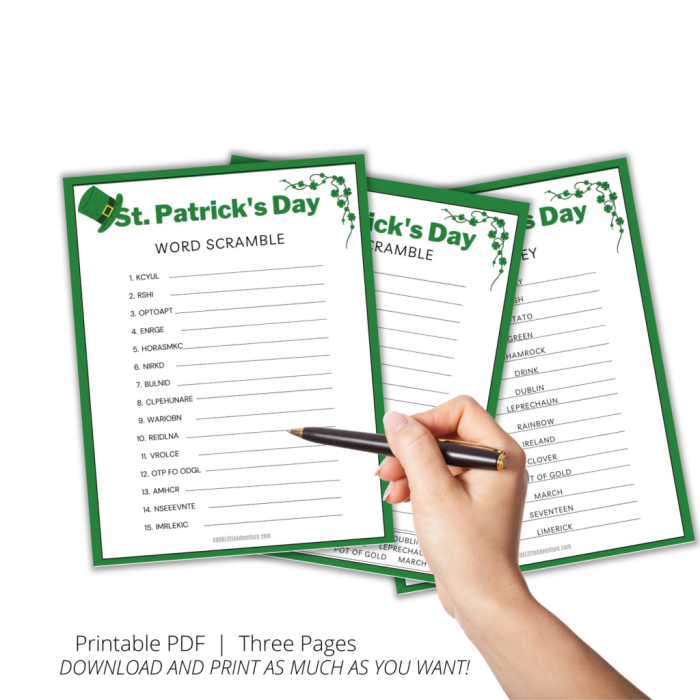 St. Patrick's Day Word Scramble worksheet featuring 10 themed words for third-grade students