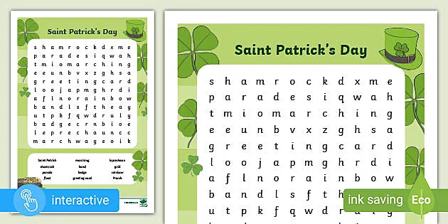 Fourth grade St. Patrick's Day word search puzzle with hidden words including shamrock and other holiday-themed vocabulary