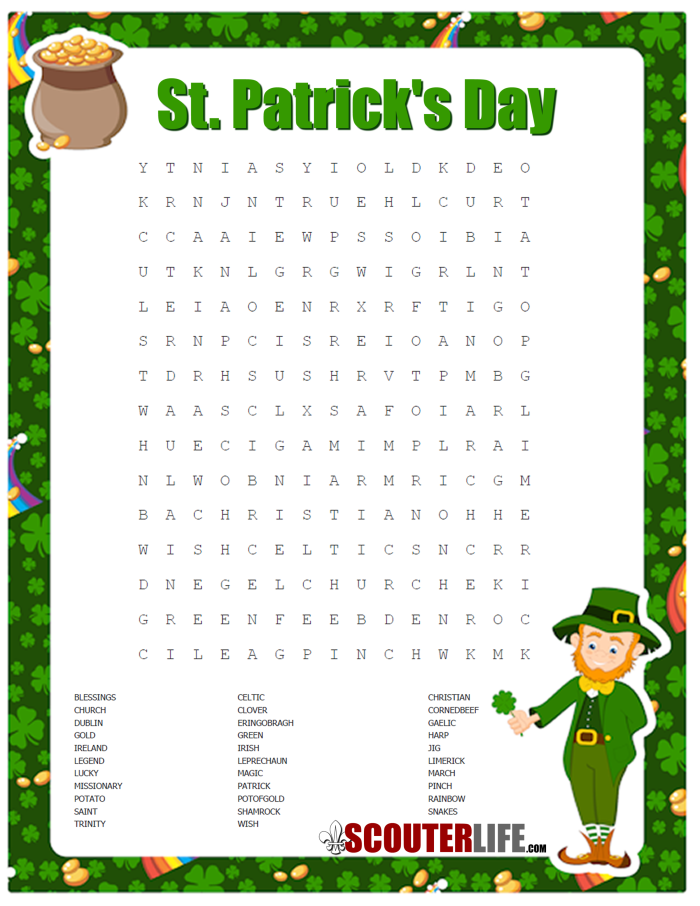 Fun vocabulary-building activity for young learners celebrating St. Patrick's Day St. Patrick's Day themed word search worksheet for first graders